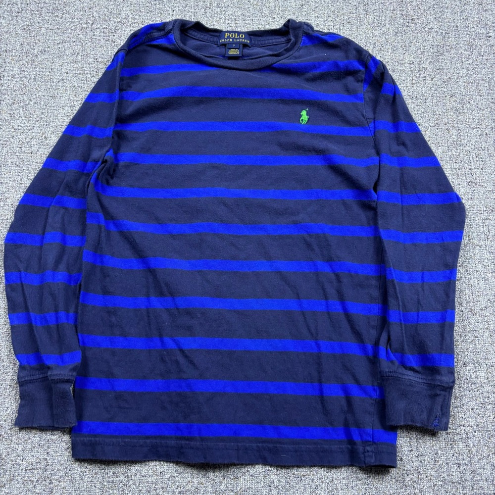 Polo Ralph‎ Lauren Shirt Boys 7 Blue Striped Long Sleeve Pony Logo Tee